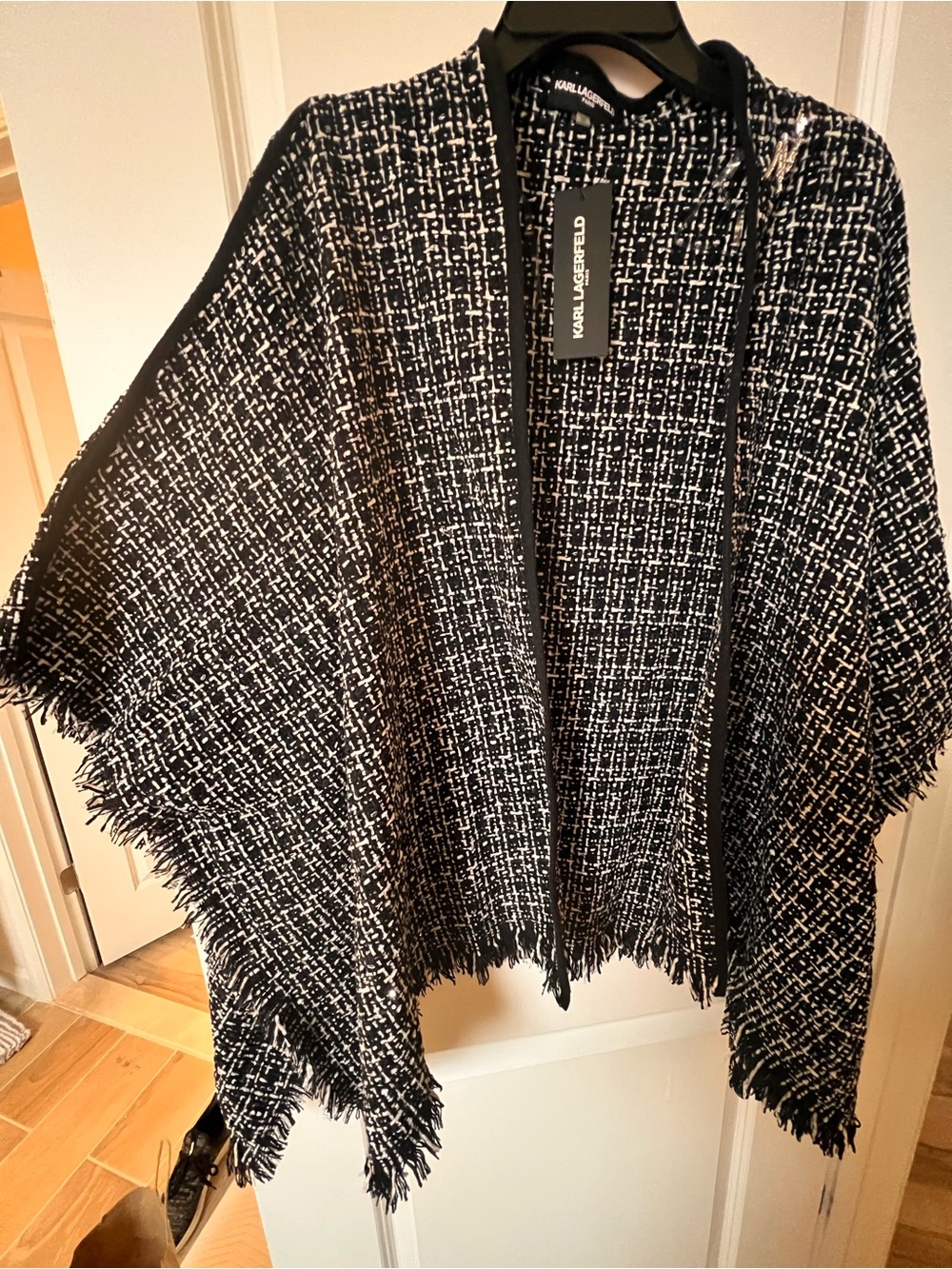 Karl Lagerfeld Black & White Tweed Fringe Open Front Poncho